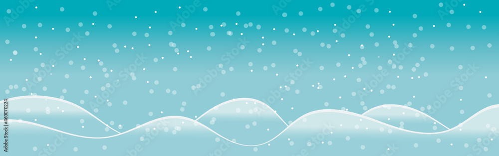 Winter landscape on a background of mountains, flat cartoon vector. Snow cover of the hills before the New Year, snowflakes on a frosty day.