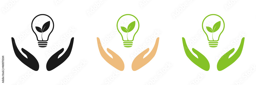 Green leaf of light bulb in the hands of nature energy. Icon set. Illustration Green leaf of light bulb in the hands of nature energy. Icon set. Illustration