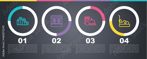 Set line Roller coaster, Shooting gallery, Toy train and Bumper car. Business infographic template. Vector