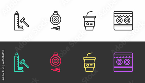 Set line Striker attraction with hammer, Classic dart board and arrow, Paper glass water and Shooting gallery on black and white. Vector