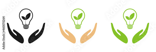 Green leaf of light bulb in the hands of nature energy. Icon set. Illustration