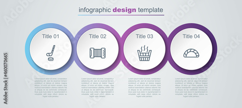 Set line Ice hockey stick and puck, Accordion, Sauna bucket and Dumpling. Business infographic template. Vector