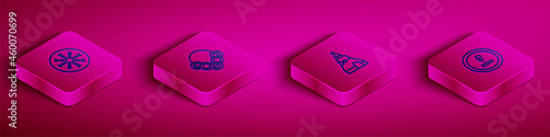 Set Isometric line Snowflake, Russian bagels, The Tsar bell and Rouble, ruble currency icon. Vector