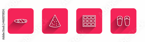 Set line Cigar, Nachos, Chocolate bar and Flip flops with long shadow. Red square button. Vector