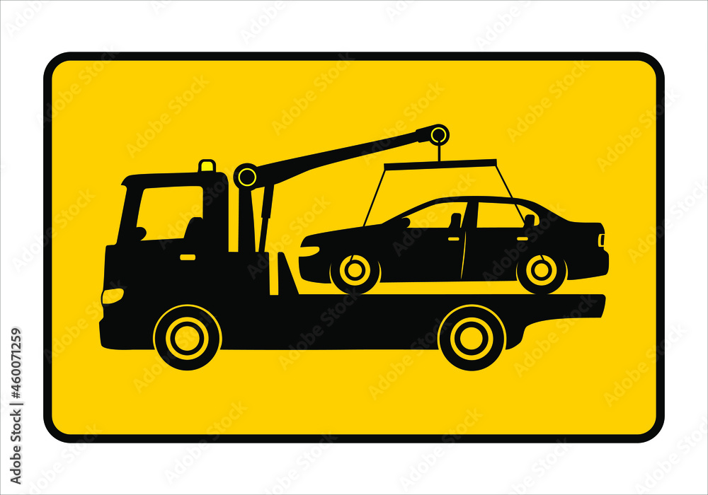 Tow truck city road assistance service evacuator. Parking violation. Road sign - no Parking. Sign of a tow truck yellow. Black icon. Vector illustration of no parking anytime sign on white background Tow truck city road assistance service evacuator. Parking violation. Road sign - no Parking. Sign of a tow truck yellow. Black icon. Vector illustration of no parking anytime sign on white background