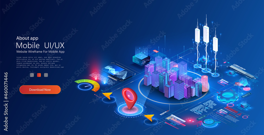 Smart city or intelligent building concept. Residential urban buildings for isometric innovation flat design. Smart city vector illustration of town with digital communication technology