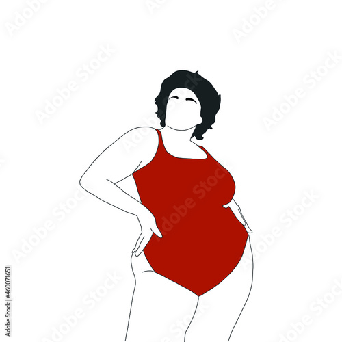 Woman in red plus size swimsuit.  Outline hand drawn vector female silhouette