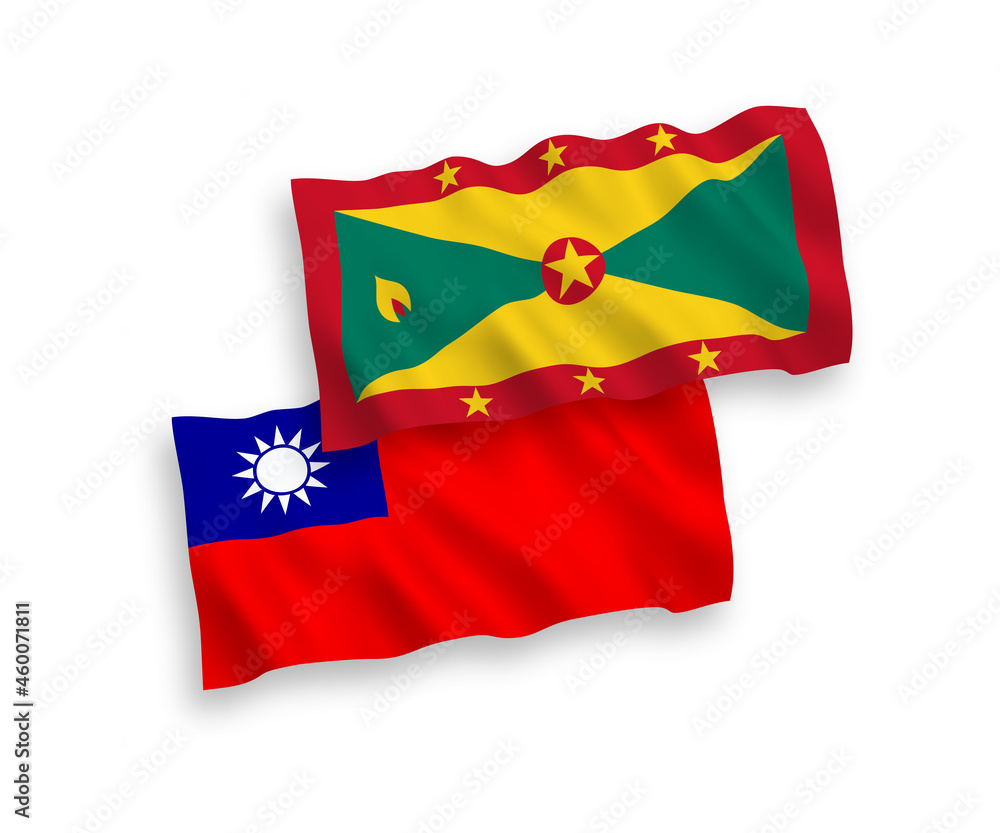 National vector fabric wave flags of Grenada and Taiwan isolated on white background. 1 to 2 proportion.