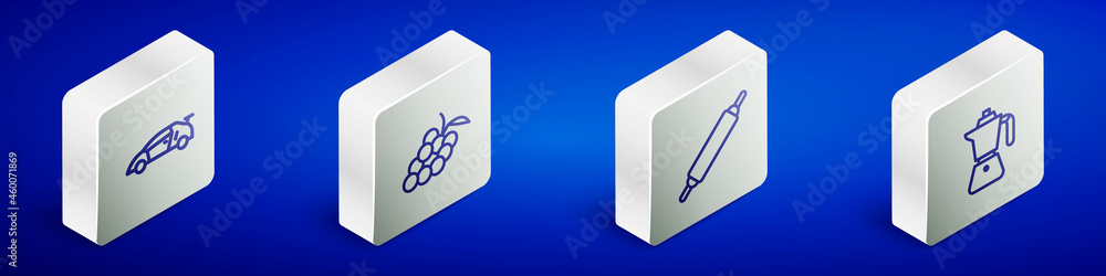 Set Isometric line Sport racing car, Grape fruit, Rolling pin and Coffee moca pot icon. Vector