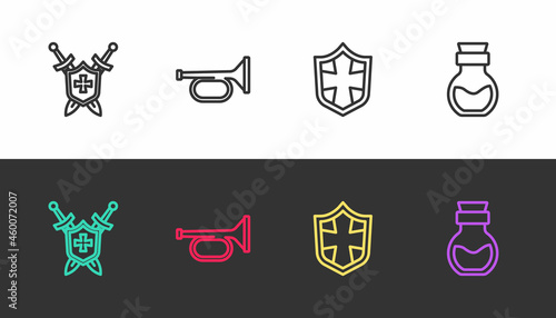 Set line Medieval shield with swords, Trumpet, Shield and Poison in bottle on black and white. Vector