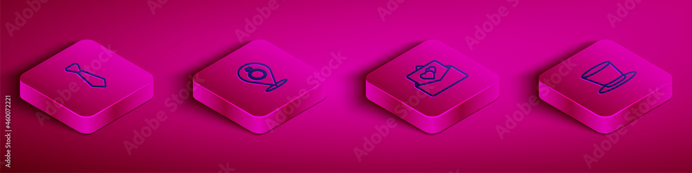 Set Isometric line Tie, Wedding rings, Greeting card and Cylinder hat icon. Vector Set Isometric line Tie, Wedding rings, Greeting card and Cylinder hat icon. Vector