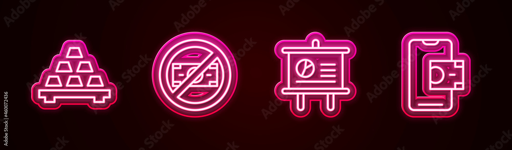 Set line Gold bars, No money, Chalkboard with diagram and Mobile banking. Glowing neon icon. Vector Set line Gold bars, No money, Chalkboard with diagram and Mobile banking. Glowing neon icon. Vector