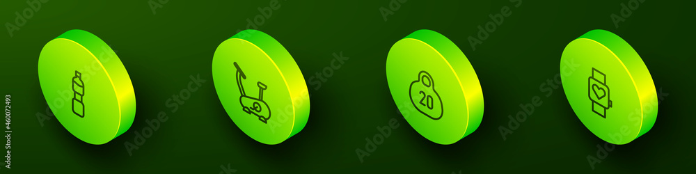 Set Isometric line Bottle of water, Stationary bicycle, Kettlebell and Smart watch icon. Vector Set Isometric line Bottle of water, Stationary bicycle, Kettlebell and Smart watch icon. Vector
