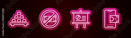 Set line Gold bars, No money, Chalkboard with diagram and Mobile banking. Glowing neon icon. Vector