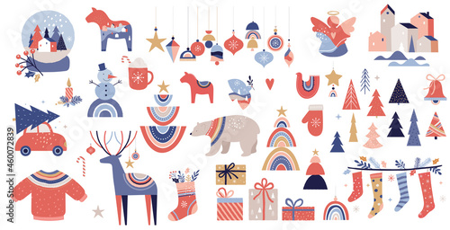 Merry Christmas Boho, Bohemian collection. Vector trendy Xmas design and illustration. Rainbows, decorations and Nordic winter elements