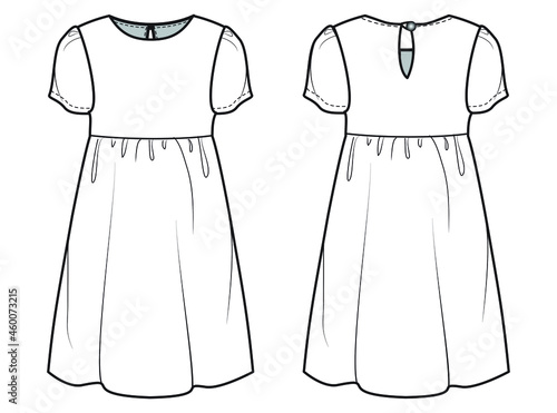  Girl's Short Sleeve Frock Dress Front and Back View. fashion illustration vector, CAD, technical drawing, flat drawing.
