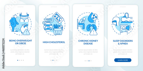 High blood pressure causes onboarding mobile app page screen. Being overweight walkthrough 4 steps graphic instructions with concepts. UI, UX, GUI vector template with linear color illustrations