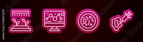 Set line Automatic irrigation sprinklers, Genetic engineering modification, Petri dish with bacteria and Syringe. Glowing neon icon. Vector