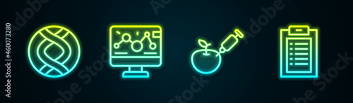 Set line DNA symbol, Genetic engineering modification, Genetically modified apple and Clinical record. Glowing neon icon. Vector