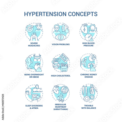 Hypertension concept icons set. High blood pressure condition idea thin line color illustrations. Severe headaches. Vision problems. High cholesterol. Vector isolated outline drawings. Editable stroke