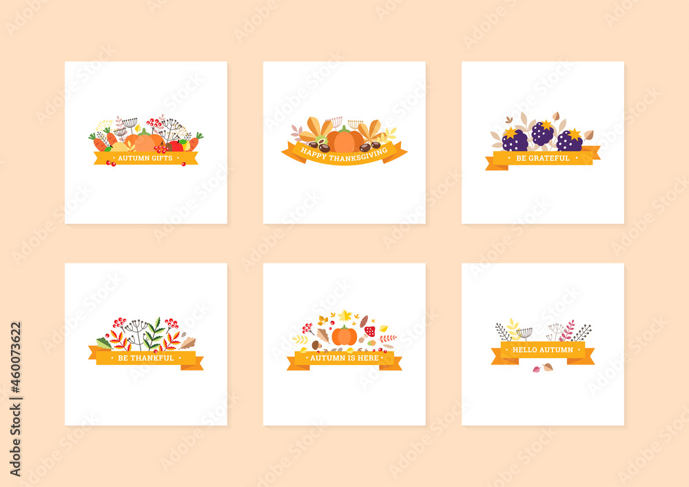 Set of autumn cards with floral decor. Fall designs of pumpkins, mushrooms and autumn leaves with yellow ribbons isolated on a white background. Can be used for thanksgiving invitation, greeting card 