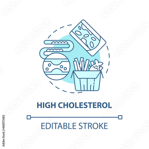 High cholesterol concept icon. Hypertension cause abstract idea thin line illustration. Eating fatty food. Unhealthy fats intake. Vector isolated outline color drawing. Editable stroke