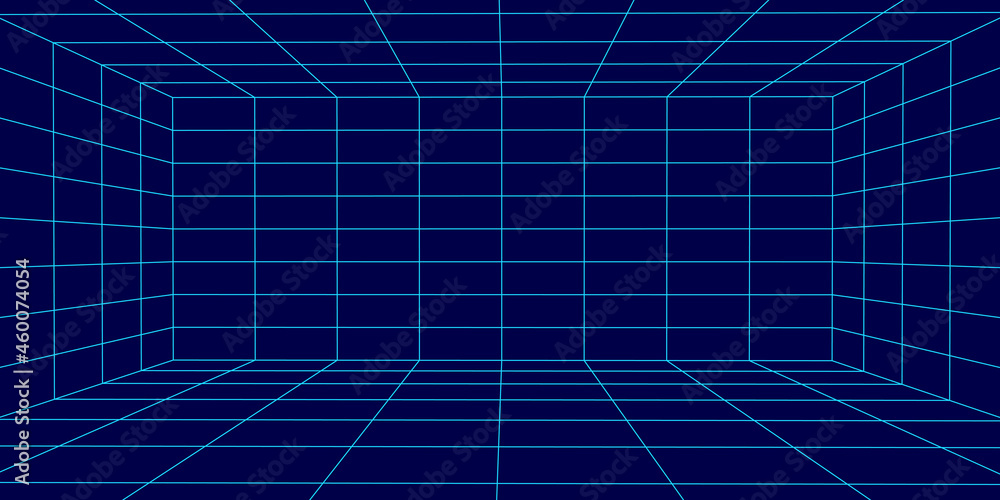 Wireframe room on the blue background. Vector perspective grid. Box with digital space. Wireframe room on the blue background. Vector perspective grid. Box with digital space.