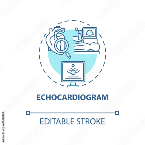 Echocardiogram concept icon. Hypertension test abstract idea thin line illustration. Non invasive procedure. Echo test. Diagnose cardiac problem. Vector isolated outline color drawing. Editable stroke
