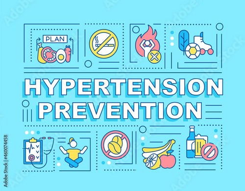 Hypertension prevention word concepts banner. Lifestyle changes. Infographics with linear icons on turquoise background. Isolated creative typography. Vector outline color illustration with text
