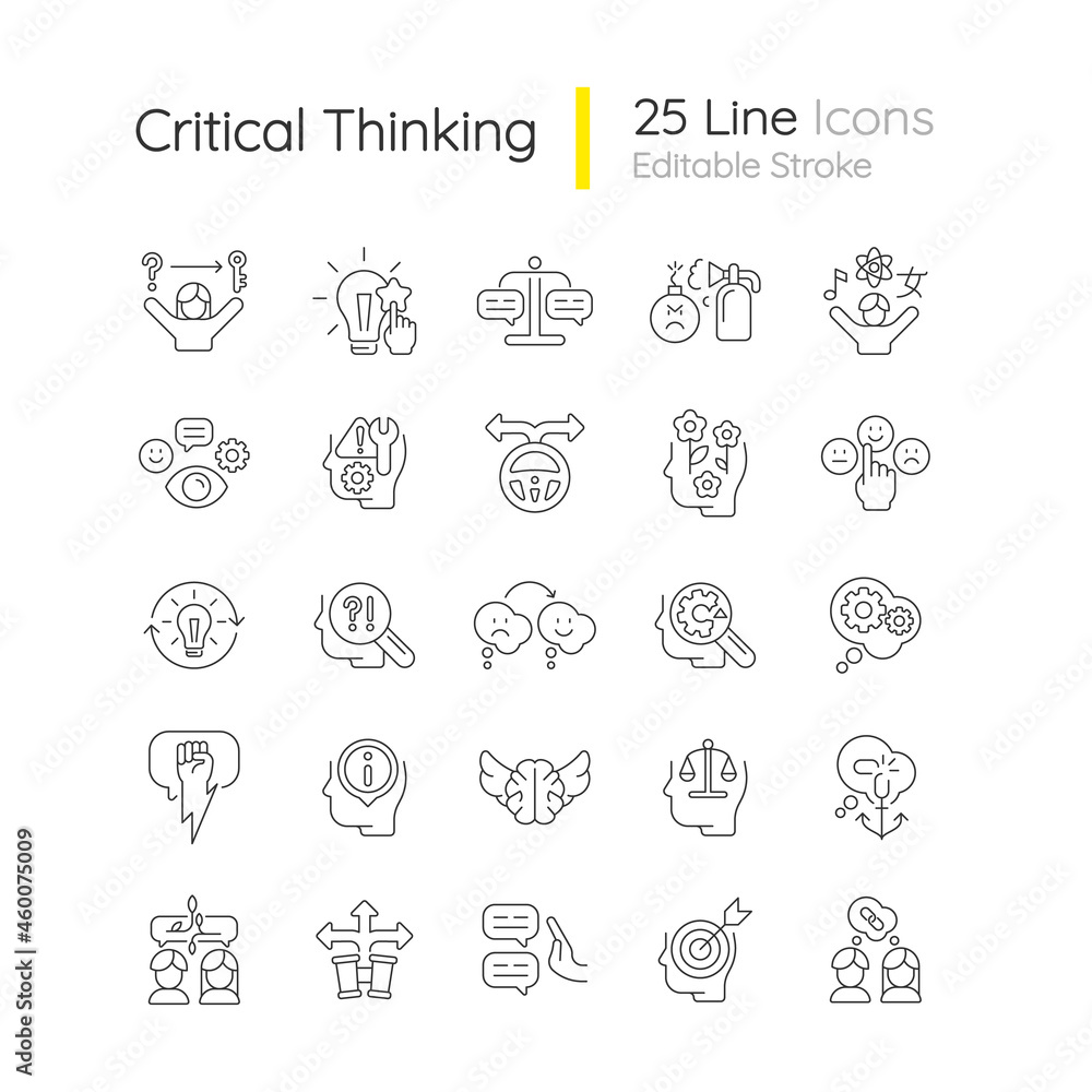 Critical thinking linear icons set. Intellectual skills. Evaluation, observation. Communication skills. Customizable thin line contour symbols. Isolated vector outline illustrations. Editable stroke