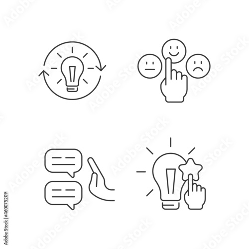 Logical and rational thinking linear icons set. Skeptical view. Information analysis and evaluation. Customizable thin line contour symbols. Isolated vector outline illustrations. Editable stroke