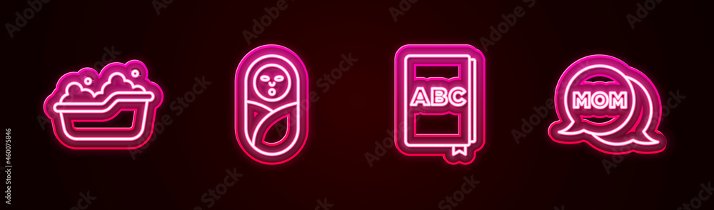 Set line Baby bathtub, Newborn baby infant swaddled, ABC book and Speech bubble mom. Glowing neon icon. Vector Set line Baby bathtub, Newborn baby infant swaddled, ABC book and Speech bubble mom. Glowing neon icon. Vector