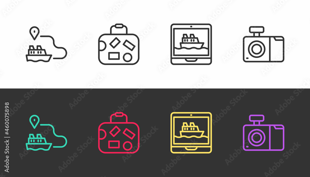 Set line Ship line path, Suitcase, Cruise ship and Photo camera on black and white. Vector Set line Ship line path, Suitcase, Cruise ship and Photo camera on black and white. Vector