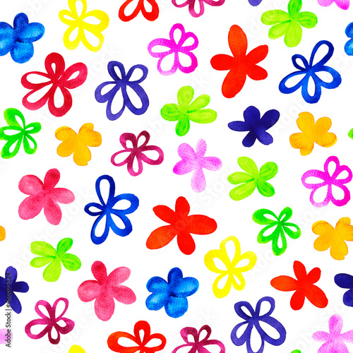 Simple colored funny hand-drawn watercolor flowers, seamless pattern for baby clothes © Tatyana