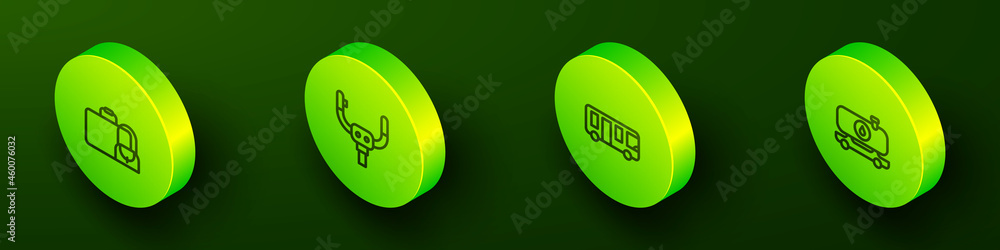 Set Isometric line Suitcase, Aircraft steering helm, Airport bus and Fuel tanker truck icon. Vector Set Isometric line Suitcase, Aircraft steering helm, Airport bus and Fuel tanker truck icon. Vector