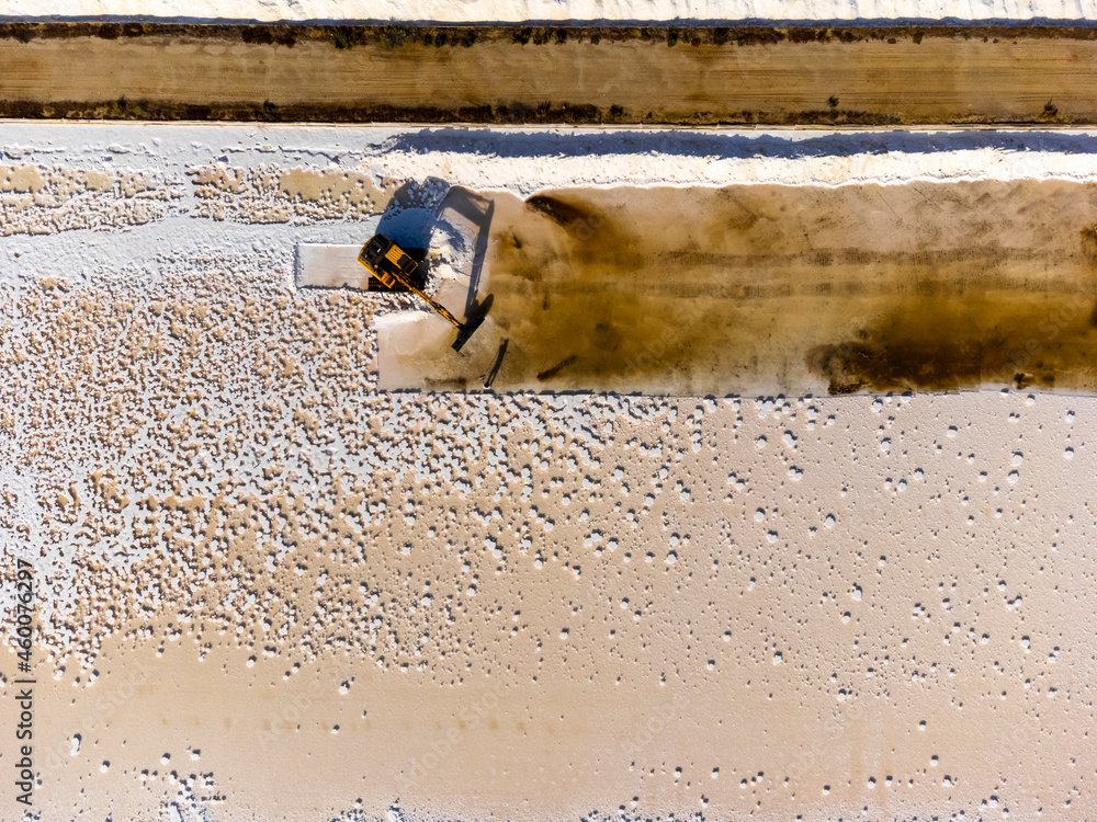 Obraz premium Aerial view of sea salt harvest at the salines in Portugal