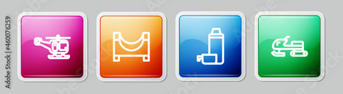 Set line Rescue helicopter, Skate park, Thermos container and Snowmobile. Colorful square button. Vector