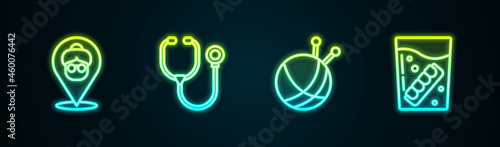 Set line Nursing home, Stethoscope, Yarn ball with knitting needles and False jaw glass. Glowing neon icon. Vector