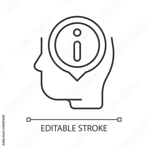 Staying well informed linear icon. Obtain extensive information and facts. Knowledgeable person. Thin line customizable illustration. Contour symbol. Vector isolated outline drawing. Editable stroke