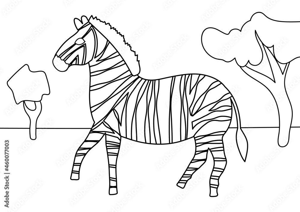 zebra walking on the savannah. black and white contour drawing by hand. coloring page for kids. zebra walking on the savannah. black and white contour drawing by hand. coloring page for kids.
