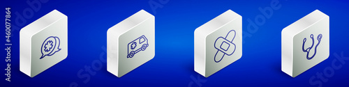 Set Isometric line Dialogue with the doctor, Emergency car, Crossed bandage plaster and Stethoscope icon. Vector