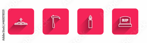 Set line Holy bible book, Scythe, Burning candle and Tombstone with RIP written with long shadow. Red square button. Vector