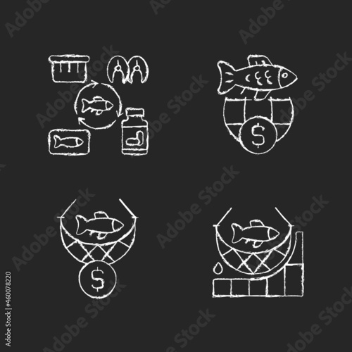 Fish product producing and trade chalk white icons set on dark background. Commercial fishing. Producing seafood products for trade. Catch amount. Isolated vector chalkboard illustrations on black