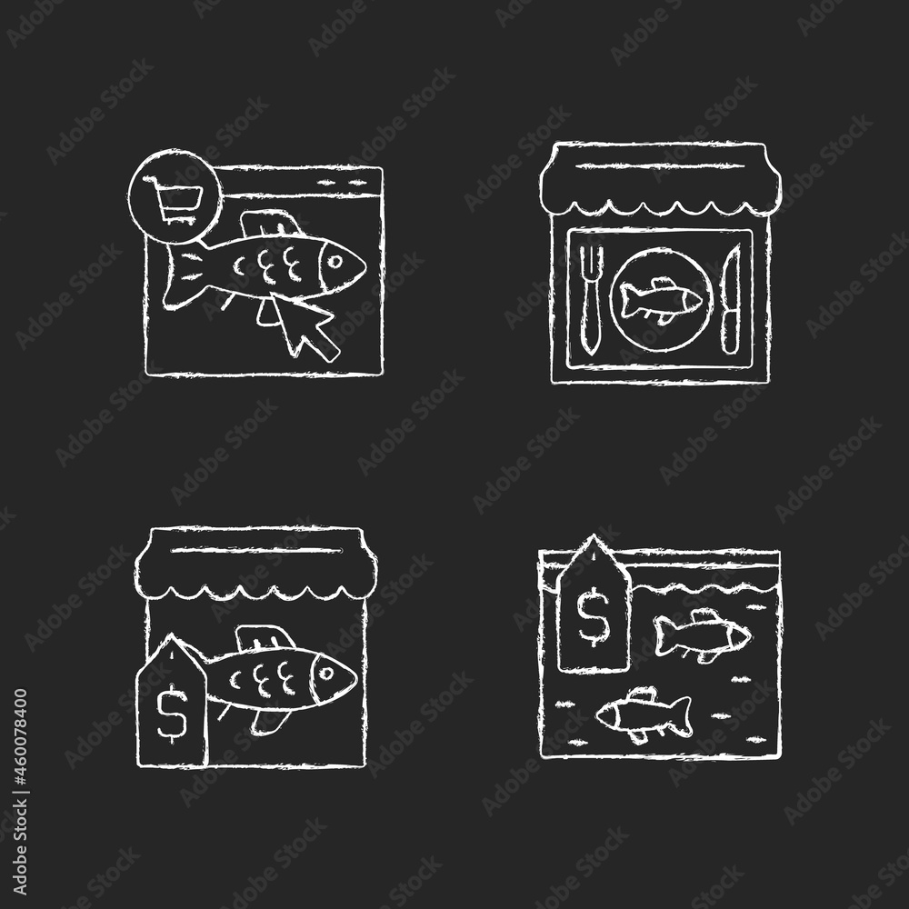 Seafood product selling chalk white icons set on dark background. Fishing industry. Fish market and online shop. Marine products supermarket. Isolated vector chalkboard illustrations on black Seafood product selling chalk white icons set on dark background. Fishing industry. Fish market and online shop. Marine products supermarket. Isolated vector chalkboard illustrations on black