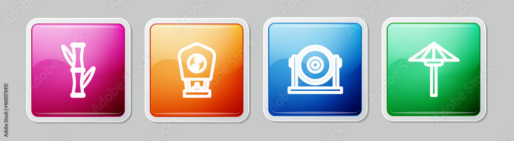 Set line Bamboo, Chinese paper lantern, Gong and Japanese umbrella from the sun. Colorful square button. Vector Set line Bamboo, Chinese paper lantern, Gong and Japanese umbrella from the sun. Colorful square button. Vector