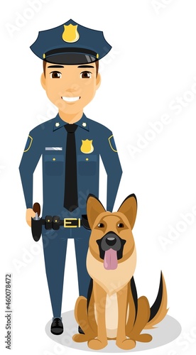 Police officer with a dog stands on a white background. Vector illustration. Flat style