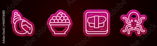 Set line Scallop sea shell, Caviar, Sushi on cutting board and Octopus. Glowing neon icon. Vector