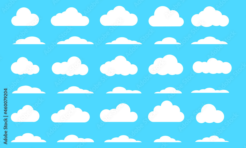 Clouds set isolated on a blue background. Simple cute cartoon design. Icon or logo collection. Realistic elements. Flat style. Clouds set isolated on a blue background. Simple cute cartoon design. Icon or logo collection. Realistic elements. Flat style.