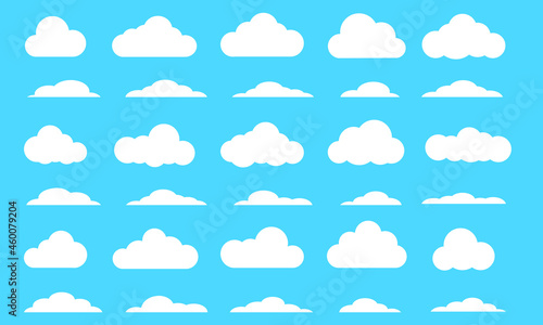 Clouds set isolated on a blue background. Simple cute cartoon design. Icon or logo collection. Realistic elements. Flat style.