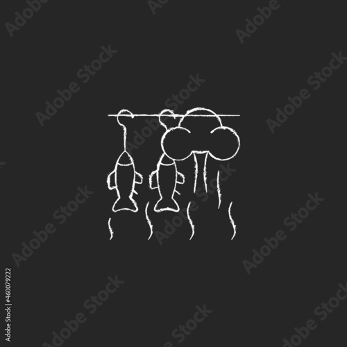 Smoking fish chalk white icon on dark background. Commercial seafood smoking. Hot, cold smoked fish. Food preservation. Delicacy product. Isolated vector chalkboard illustration on black